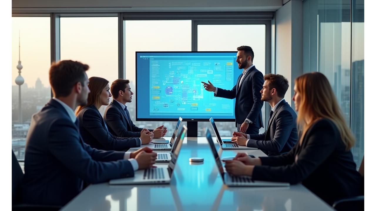 Berliner Geschäftsleute in einem modernen Konferenzraum, die an einem unternehmensinternen Training teilnehmen, mit Blick auf die Skyline von Berlin.