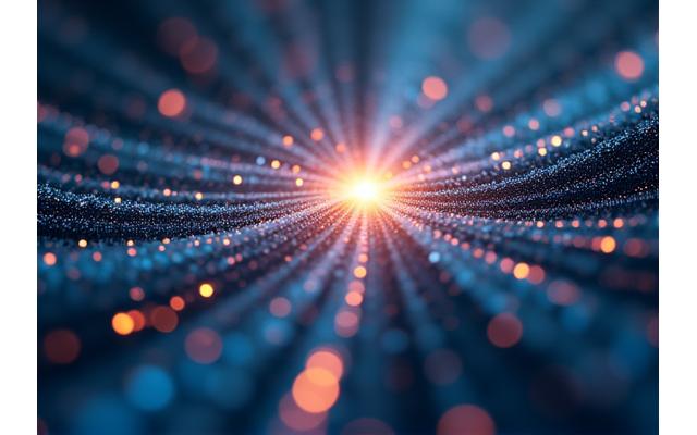 Illustration of a complex digital transformation journey with intertwined data streams and AI symbols, leading towards a brighter future