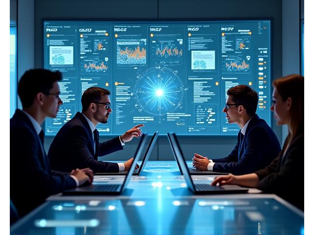 Professionals collaborating around a table, analyzing data on laptops, with futuristic holographic elements symbolizing AI and data visualization