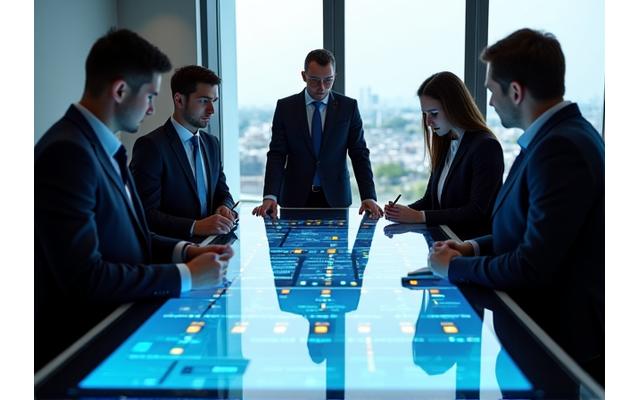 Team of consultants collaborating around a large touchscreen displaying strategic plans and data flows, symbolising implementation support