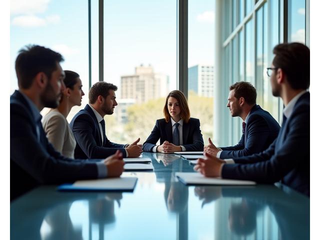 Group of diverse executive MBA students engaged in a lively discussion in a modern classroom, highlighting collaboration and leadership development in Berlin