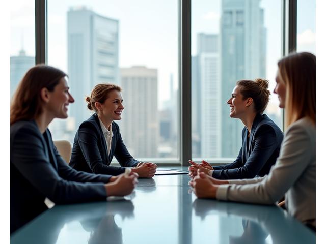 Eine diverse Gruppe von Frauen in Führungspositionen, die während eines strategischen Meetings zusammenarbeiten und lächeln