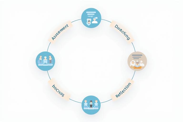 Infographic showing a cyclical learning process with assessment, action, coaching, and reflection.