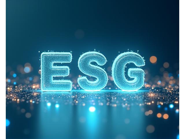 Visualisierung eines ESG-Frameworks mit Umwelt-, Sozial- und Governance-Symbolen, die harmonisch in einer modernen, grünen digitalen Umgebung interagieren.