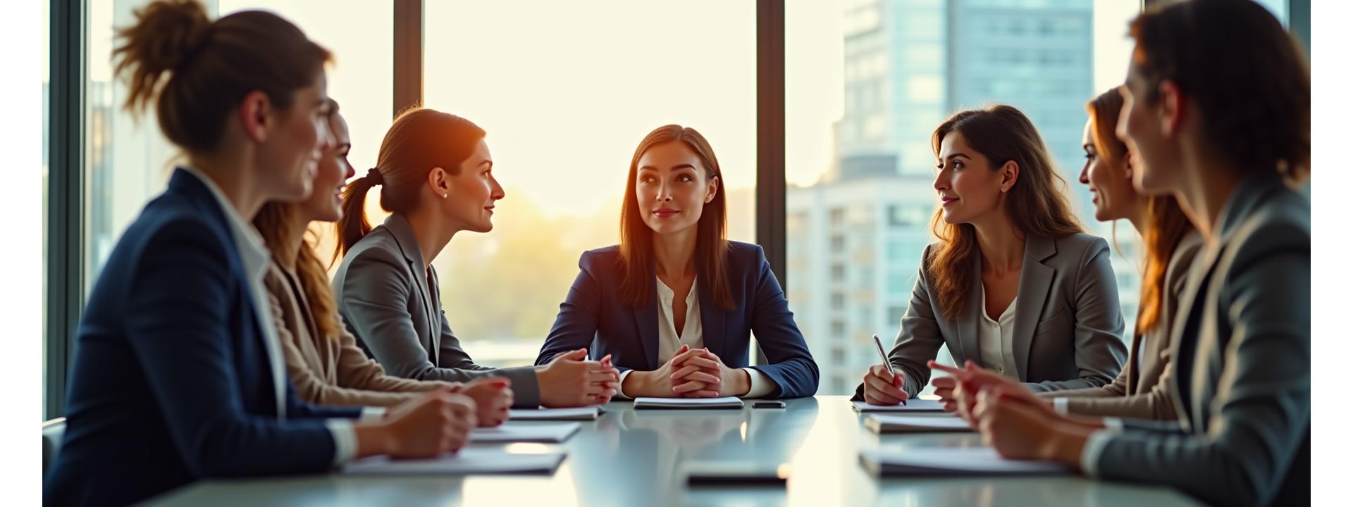 Diverse group of professional women confidently leading a boardroom discussion, embodying success and collaboration. 