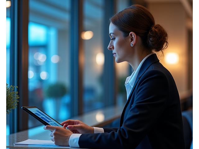 Professional woman confidently reviewing business documents in a modern office, representing an Executive MBA student.
