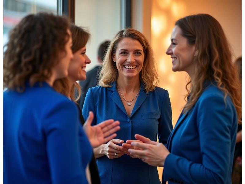 Group of professional women engaged in a lively networking event, illustrating strong connections and mentorship.